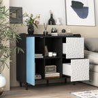 Gabinet de buffet, armario negro con puertas azules, 2 cajones con panel único y 2 compartimientos de almacenamiento abiertos, gabinete de bar de café moderno, armario de acento para la cocina, comedor