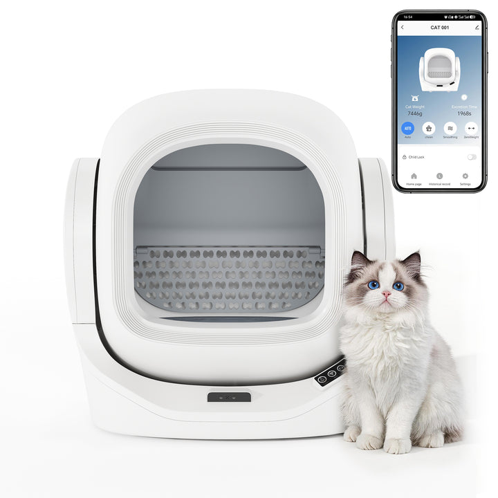 Toaleta automática inteligente para gatos con control por App, 68L de espacio interior, 8L de contenedor de desechos, caja de aromaterapia, seguridad infrarroja, para 1–2 gatos, auto - limpiante, silenciosa, segura para niños
