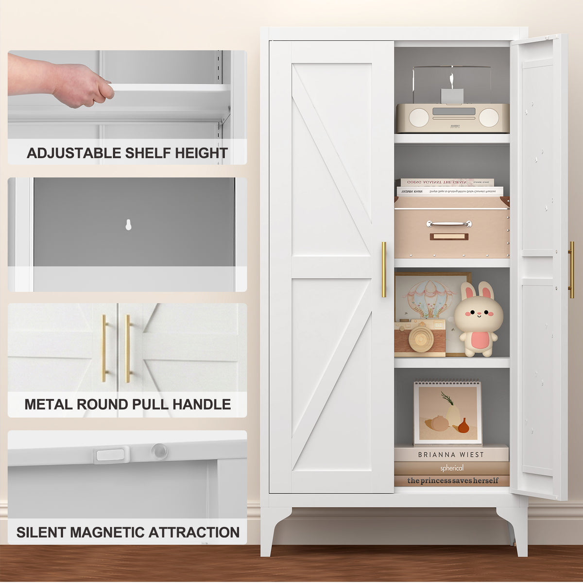 Gabinet de almacenamiento metálico de 2 puertas ajustable para despensa de la cocina, gabinete de despensa con estantes ajustables, todo de acero, para la cocina, el salón, el comedor y la oficina, blanco