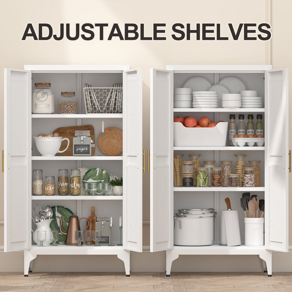Gabinet de almacenamiento metálico de 2 puertas ajustable para despensa de la cocina, gabinete de despensa con estantes ajustables, todo de acero, para la cocina, el salón, el comedor y la oficina, blanco