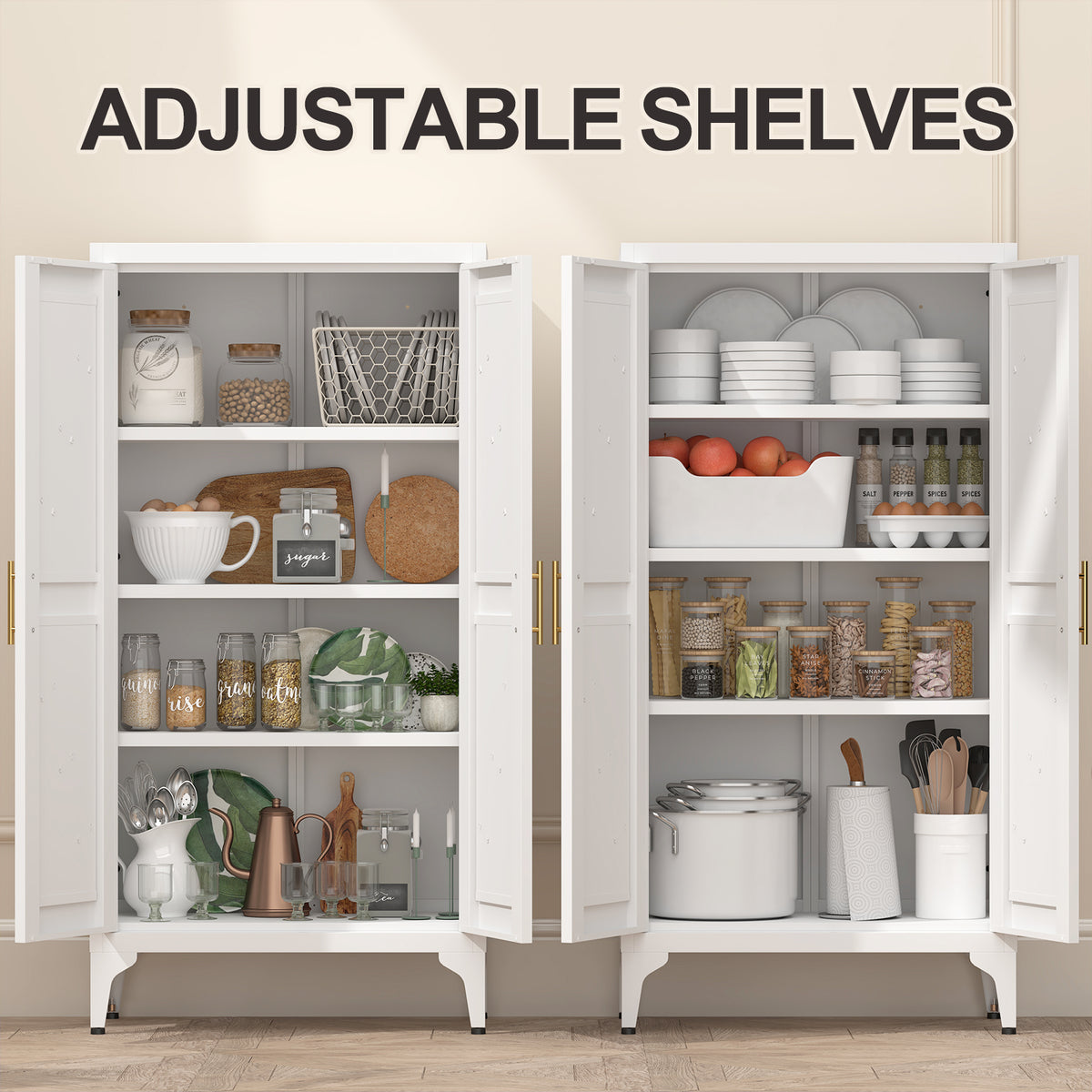 Gabinet de almacenamiento metálico de 2 puertas ajustable para despensa de la cocina, gabinete de despensa con estantes ajustables, todo de acero, para la cocina, el salón, el comedor y la oficina, blanco
