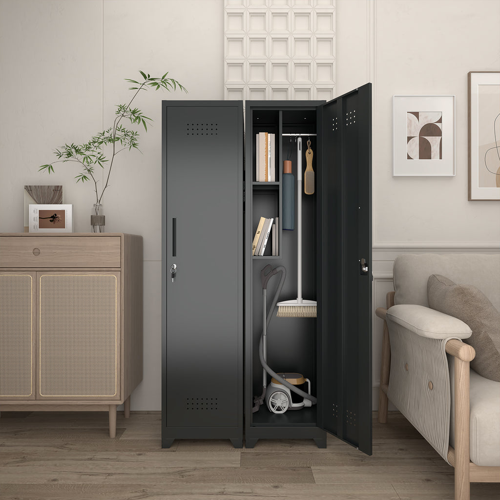 Gabinet de almacenamiento para limpieza de metal negro y esbelto con puerta cerradora, estantes y barra de colgado, organizador de utilidades de 65" de alto para cocina, despensa, oficina, taller y garaje