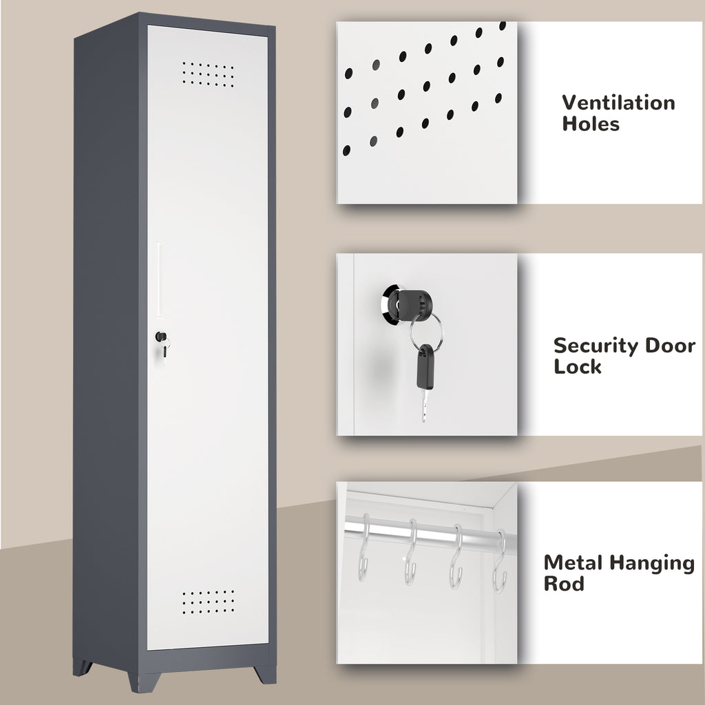 Gabinet de almacenamiento para limpieza de metal esbelto con puerta cerradora, estantes y barra de colgado, 65" de alto, organizador de utilidades para cocina, despensa, oficina, taller y garaje