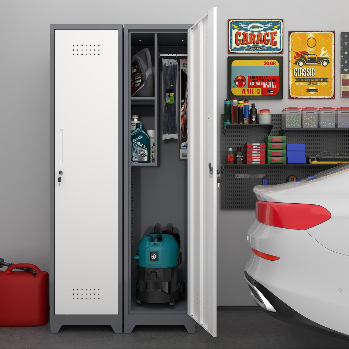Gabinet de almacenamiento para limpieza de metal esbelto con puerta cerradora, estantes y barra de colgado, 65" de alto, organizador de utilidades para cocina, despensa, oficina, taller y garaje