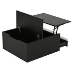 Mesón de salón de 70*70*38cm, Mesón de café elevador con tira de luz LED, Sofático con 1 cajón, Mesón auxiliar de alta brillantez con espacio de almacenamiento oculto y puertas con abertura superior, Negro