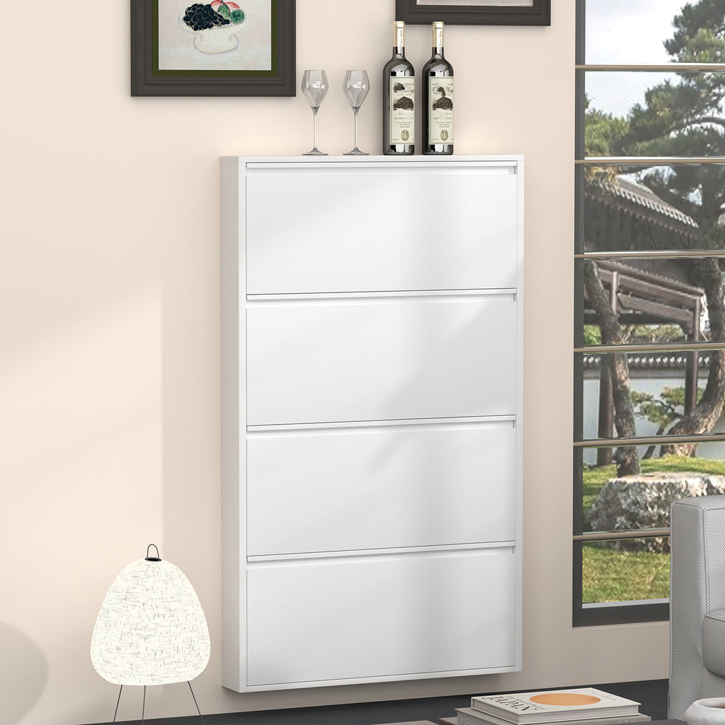 Gabinet de calzado de metal con 4 cajones volteables, organizador de calzado para la pared, estante oculto estrecho para el vestíbulo, blanco