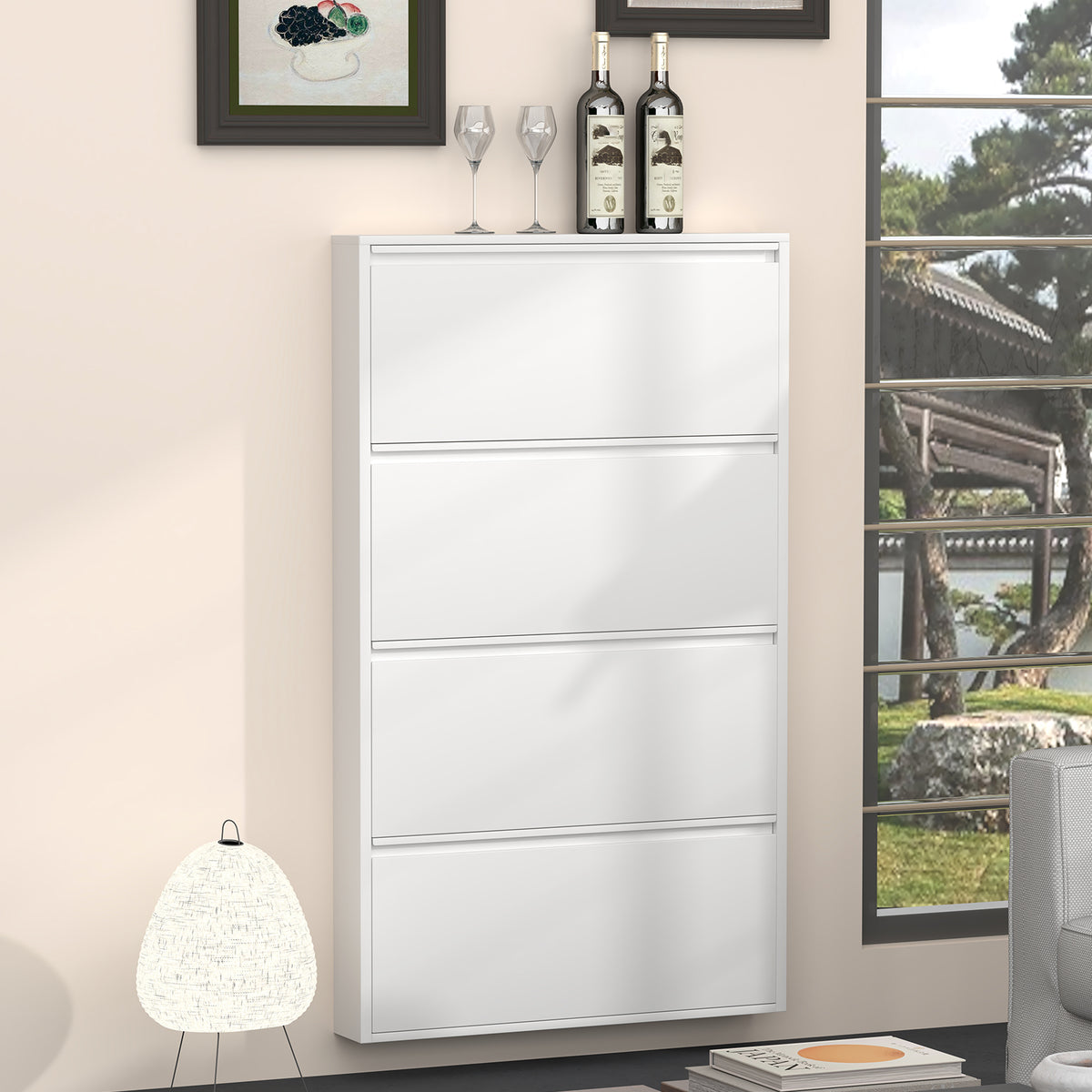 Gabinet de calzado de metal con 4 cajones volteables, organizador de calzado para la pared, estante oculto estrecho para el vestíbulo, blanco