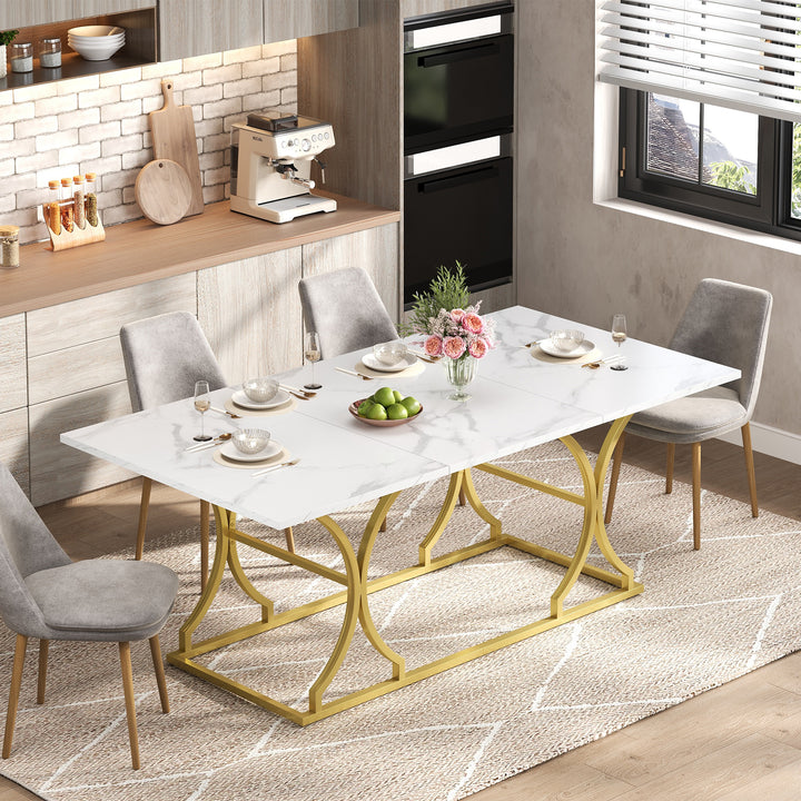 Mesa de comedor de 200×80cm, para 8–10 personas, diseño moderno en óptica de mármol, placa de mesa de 2,5 cm de espesor, resistente al agua y al arañazo, patas metálicas de color oro con correderas ajustables, adecuada para el salón y el comedor