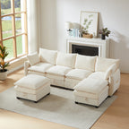 Sofa en U con espacio de almacenamiento, conjunto de sofás modular, compuesto por cuatro elementos de asiento y dos taburetes, sofá moderno con cojines y cojines de brazos, tapizado de chenille, armazón de madera sólida