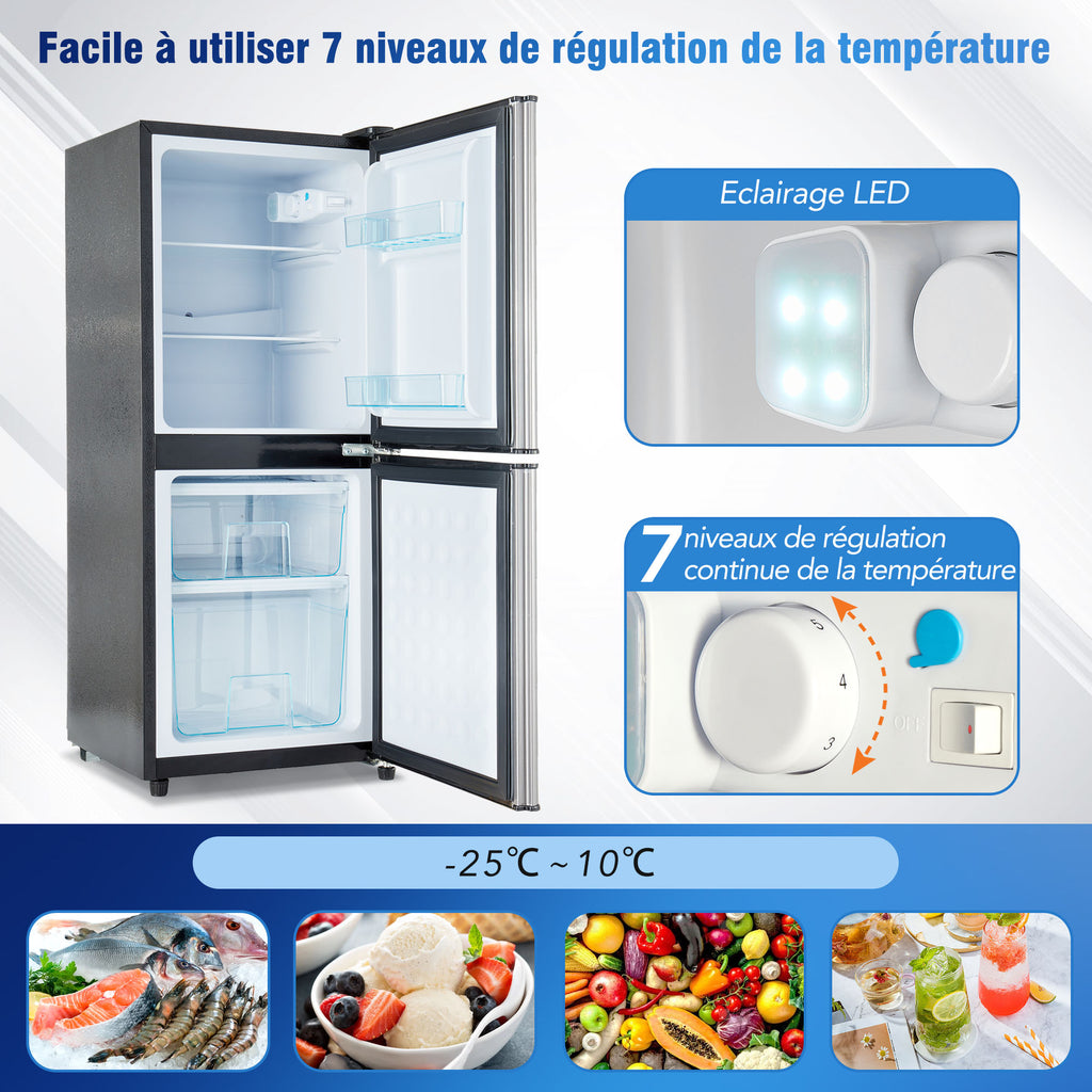 Refrigerador Minikühlschra de 106L, 60-l de capacidad de refrigeración + 46-l de capacidad de freezer, 7 ajustes de temperatura, puerta plateada + cuerpo negro, iluminación LED, cajones de empotramiento ajustables, 166 kWh/Jr, 45 dB