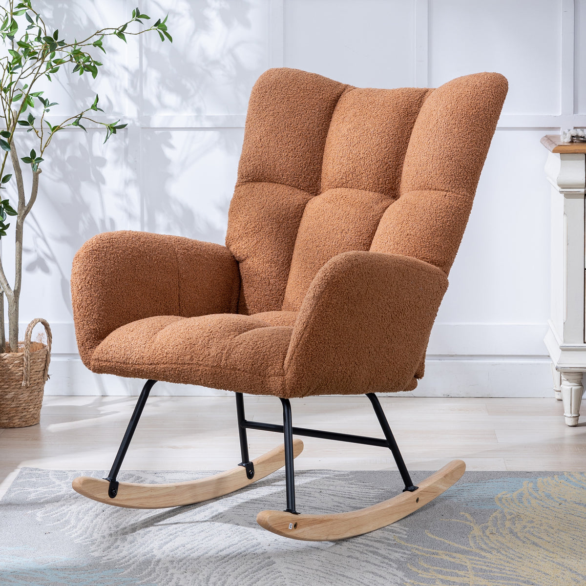 Silla de rock de tela de osito con bolsillo, Silla de rock suave para el cuarto de bebé, Silla de rock con respaldo en forma de alas cómoda con base de madera sólida segura, Sala de estar, Marrón