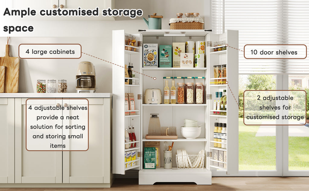 Armario de cocina de 128,5 cm, armario de almacenamiento rural – Armario de almacenamiento de alimentos con LED, con 2 puertas y estantes ajustables para pequeñas habitaciones en el comedor o el salón, estructura de presión por debajo blanca