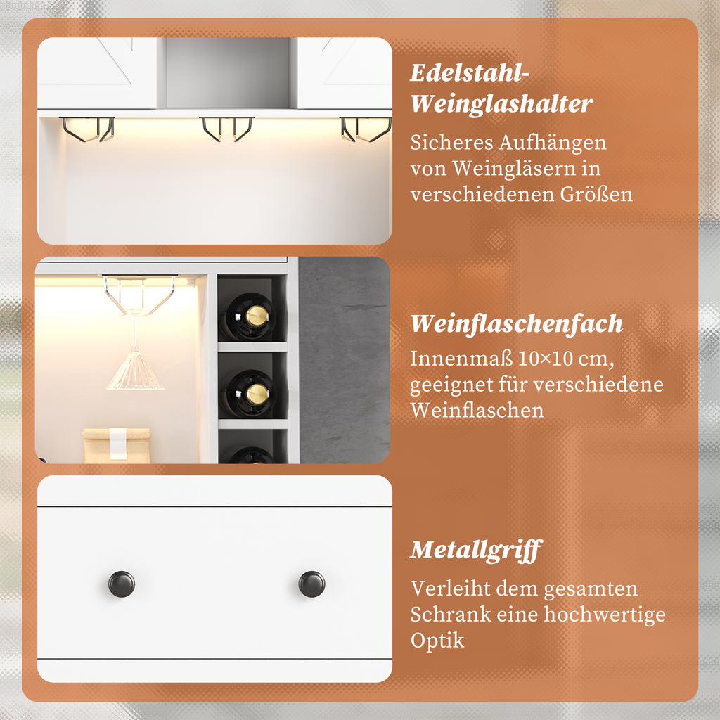 Armario de cocina, armario alto, armario de vinos con soportes de empotramiento ajustables, cajón, soporte para vasos de vino de acero inoxidable, compartimentos para botellas de vino, iluminación LED con cambio de color y enchufes, 180 × 105 × 40 cm