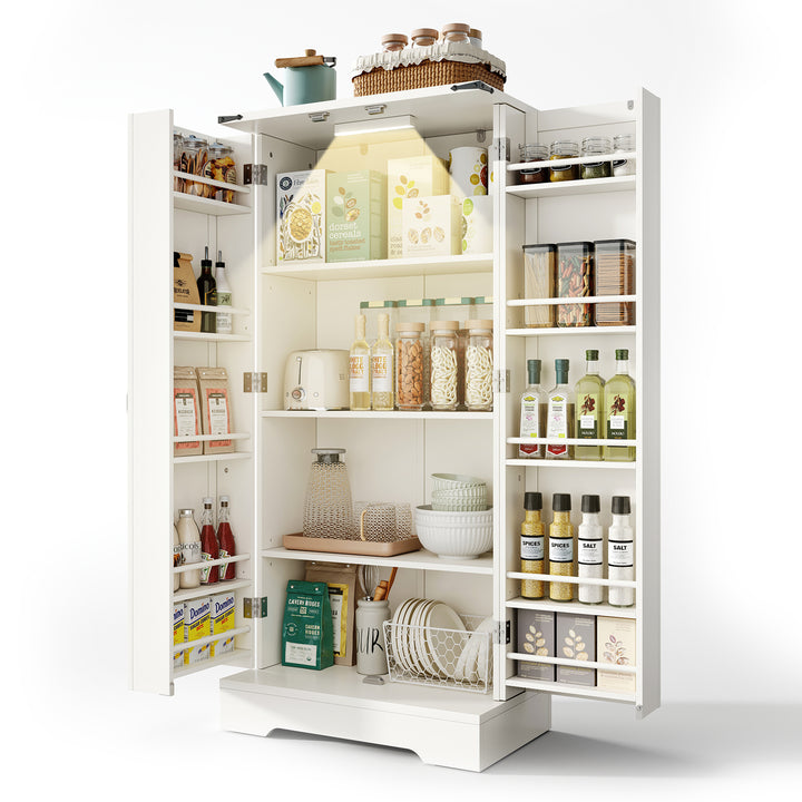 Armario de cocina de 128,5 cm, armario de almacenamiento rural – Armario de almacenamiento de alimentos con LED, con 2 puertas y estantes ajustables para pequeñas habitaciones en el comedor o el salón, estructura de presión por debajo blanca