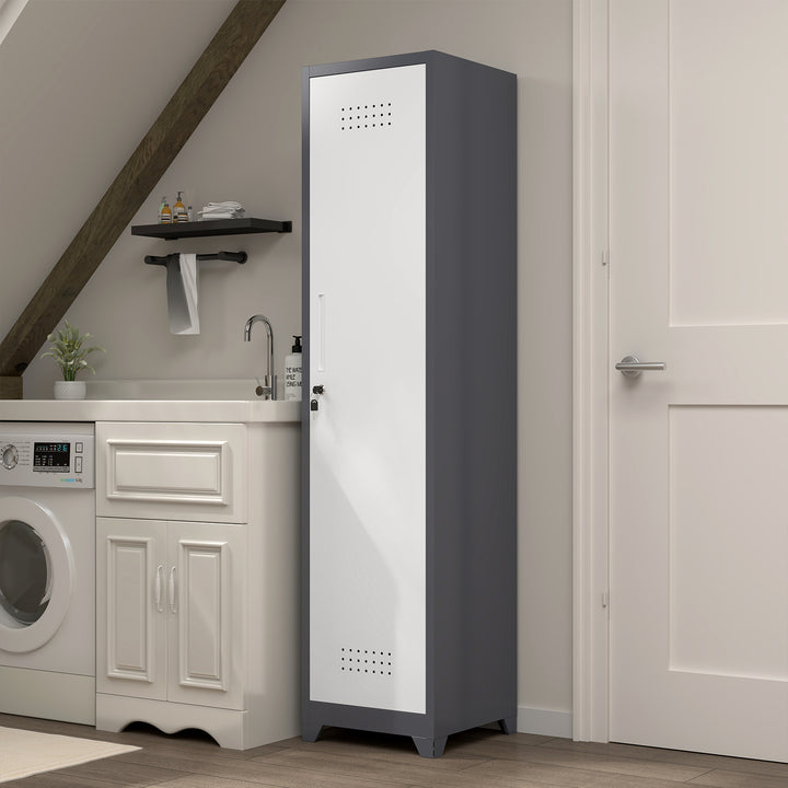 Gabinet de almacenamiento para limpieza de metal esbelto con puerta cerradora, estantes y barra de colgado, 65" de alto, organizador de utilidades para cocina, despensa, oficina, taller y garaje