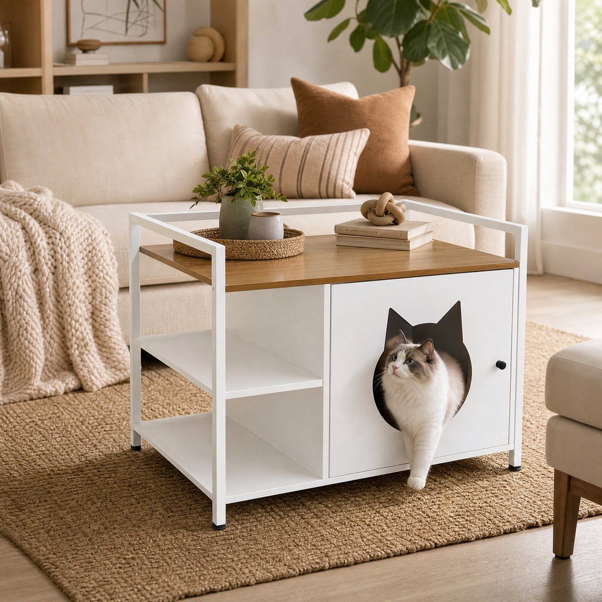 Armario multifuncional para la caja de arena de los gatos con agujero en forma de cabeza de gato, mesita de noche con 2 estantes y espacio de almacenamiento, moderno mueble para gatos para el salón y el dormitorio (blanco y madera)