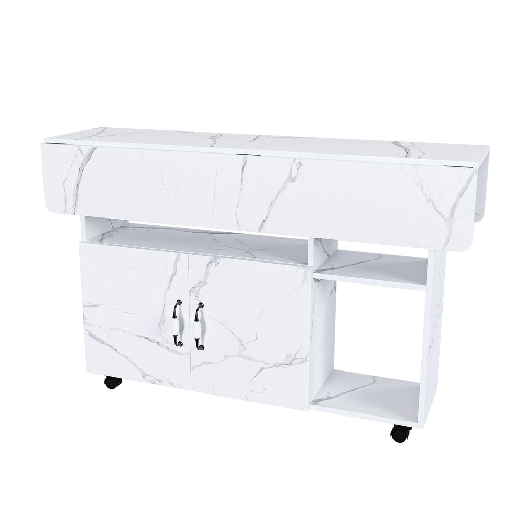Mesa de comedor plegable rectangular móvil de 110x70x80 cm, multifuncional con 5 plataformas de almacenamiento y 5 ruedas con freno (4 fijas), ahorra espacio para cocina, casa, oficina, residencia estudiantil, estilo mármol blanco