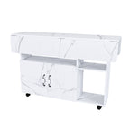 Mesa de comedor plegable rectangular móvil de 110x70x80 cm, multifuncional con 5 plataformas de almacenamiento y 5 ruedas con freno (4 fijas), ahorra espacio para cocina, casa, oficina, residencia estudiantil, estilo mármol blanco