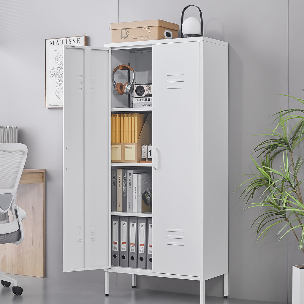 Gabinet de almacenamiento metálico de dos puertas blanco con estantes ajustables, ideal para almacenar ropa en el dormitorio, salón, oficina y gimnasio