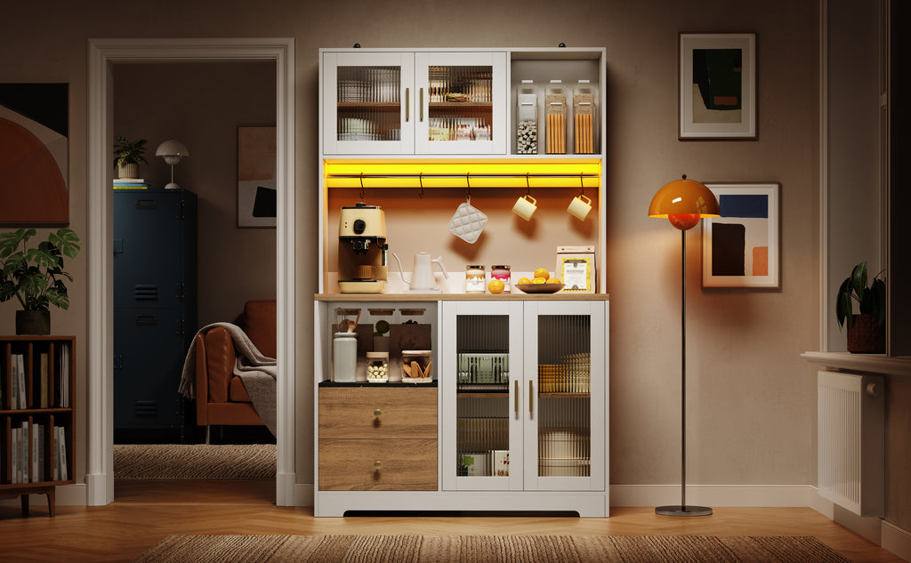 Armario de cocina de 178 cm, armario alto con LED, estante de cocina con toma de corriente, vitrina con puertas de cristal templado, estante para vinos, blanco con el aspecto de madera y placa de trabajo reforzada