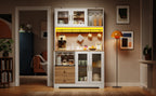 Armario de cocina de 178 cm, armario alto con LED, estante de cocina con toma de corriente, vitrina con puertas de cristal templado, estante para vinos, blanco con el aspecto de madera y placa de trabajo reforzada