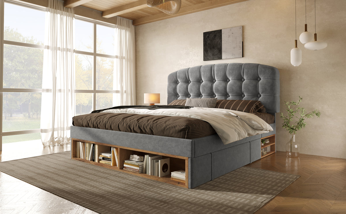 Cama Doble 140x190 cm de Lana Gris con Cajones y Cabecero Regulable – Sin Colchón