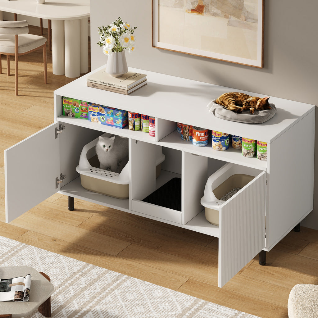 Katzentoiletten-Schrank/Katzenstreuwanne-Schrank con Alfombra de Cojín para Arena, Armario para Mascotas con Soporte, Sideboard/TV Stand para Mascotas, sin Baño para Gato, 120x50x66cm, Blanco