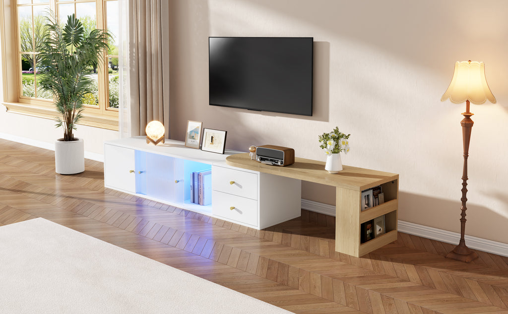 Mueble lateral para TV con iluminación LED, extensible, 2 cajones + 2 puertas correderas de cristal + 1 compartimiento, Mueble lateral para TV con espacio de almacenamiento, estante lateral, moderno, Blanco & Madera, 175×40×35,5 cm