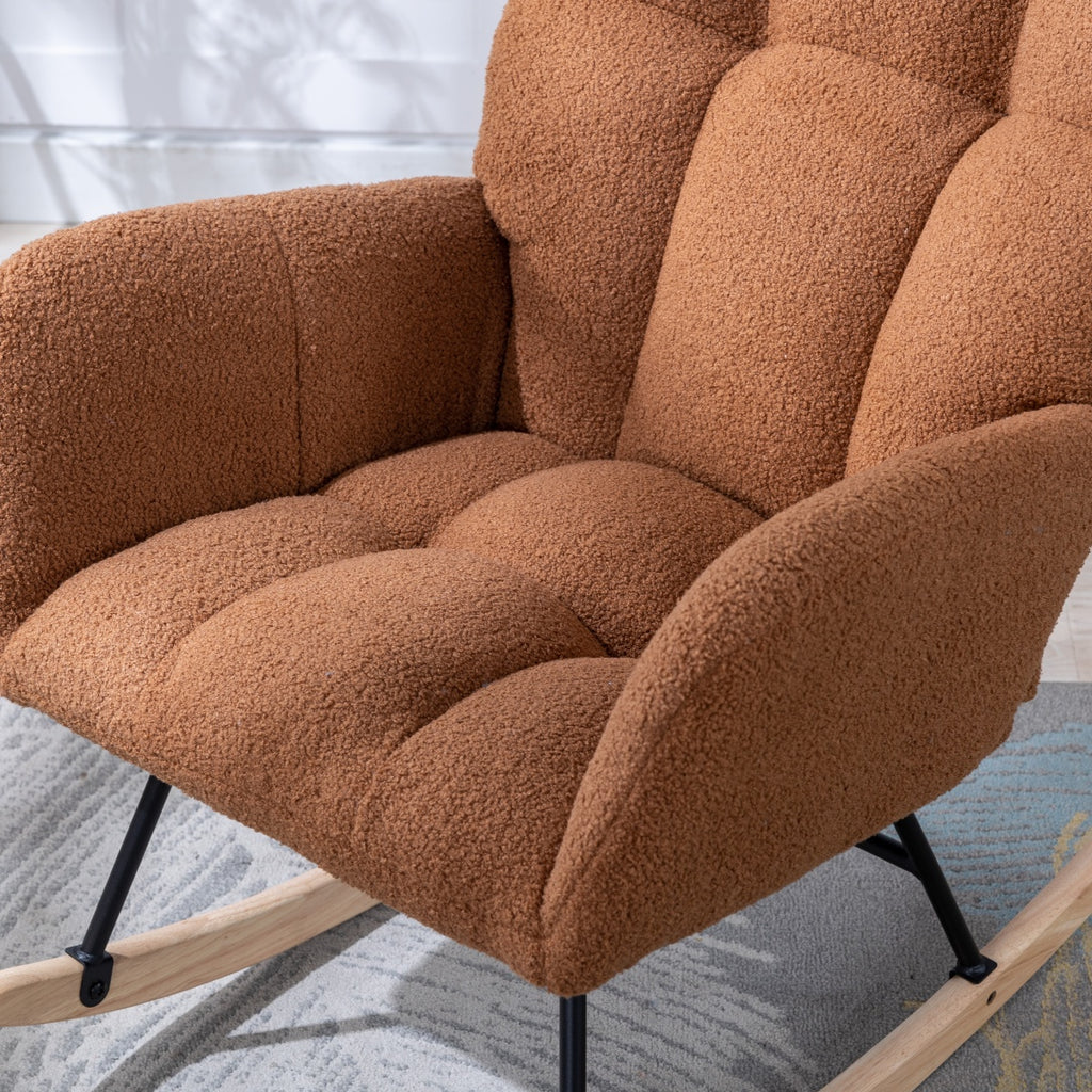 Silla de rock de tela de osito con bolsillo, Silla de rock suave para el cuarto de bebé, Silla de rock con respaldo en forma de alas cómoda con base de madera sólida segura, Sala de estar, Marrón