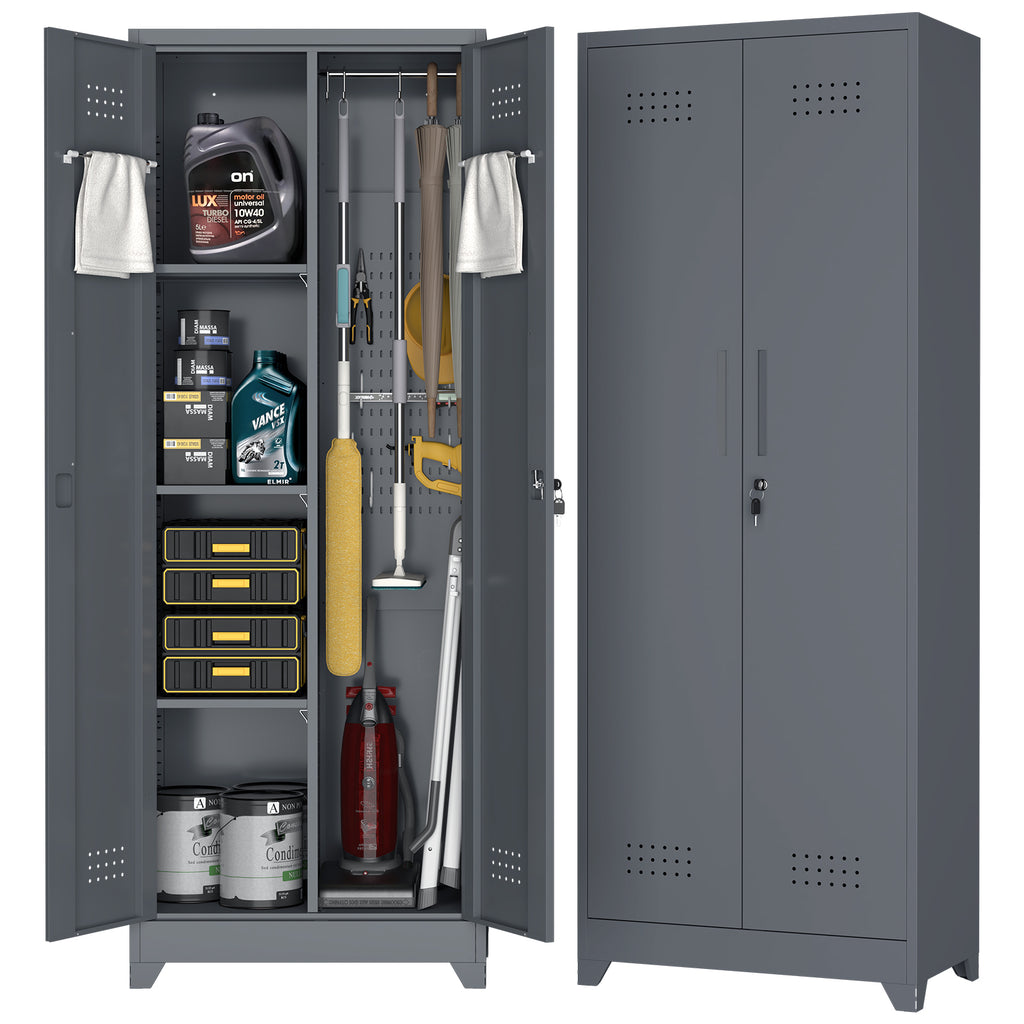 Gabinet de almacenamiento para escobas con puertas con cerradura y estantes, gabinete de almacenamiento metálico de 65" de alto con varilla de colgado y anzuelos S, gabinete de almacenamiento de herramientas de limpieza