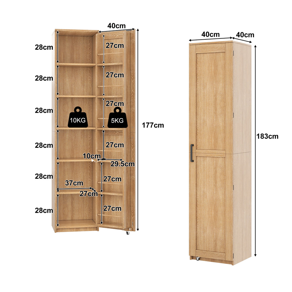 Armario de cocina, armario de almacenamiento alto con soportes para puertas y tabiques de empotramiento ajustables, armario de provisiones para salón, comedor y baño, 40 × 40× 183 cm