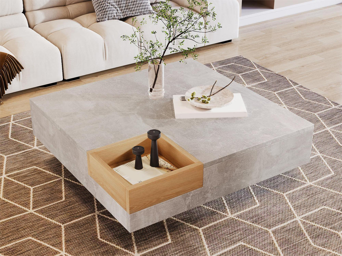 Mesita de centro para el salón, mesita lateral con caja de almacenamiento desmontable, color gris betón y color madera, 72*72*30 cm.