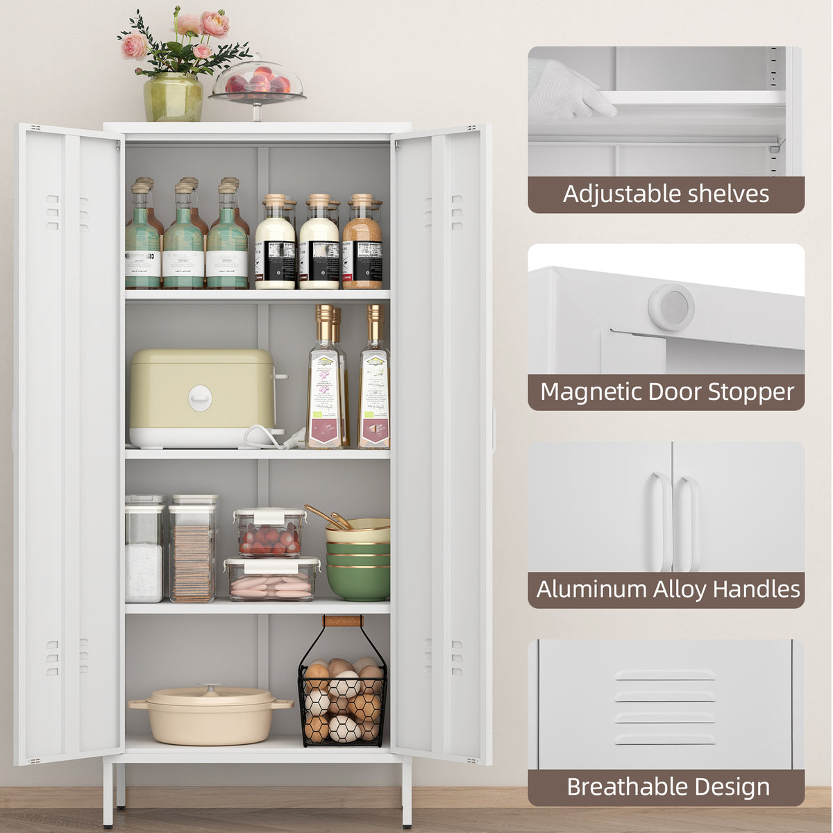 Gabinet de almacenamiento metálico de dos puertas blanco con estantes ajustables, ideal para almacenar ropa en el dormitorio, salón, oficina y gimnasio