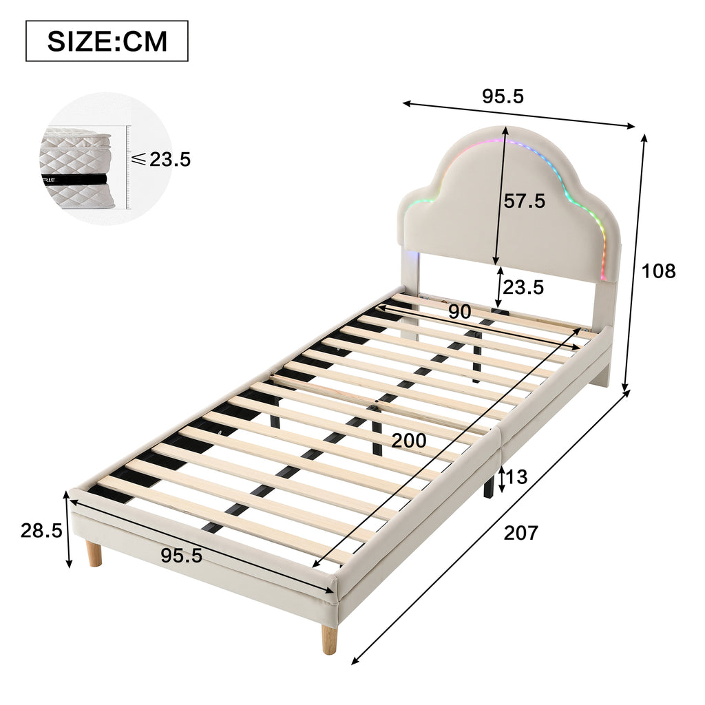 Cama con cabezal en forma de nubes, con luces LED multicolores y cambiantes, cama para niños con listones de madera, cama individual, seda, beige, 90x200cm