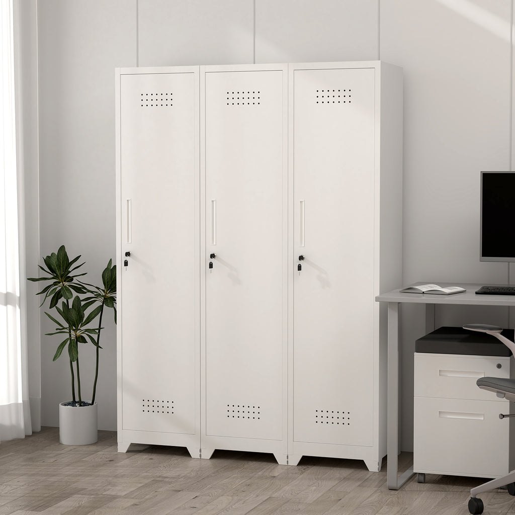 Gabineté de almacenamiento para limpieza de metal esbelto y blanco con puerta cerradora, estantes y barra de colgado, 65" de alto, organizador de utilidades para la cocina, despensa, oficina, taller y garaje