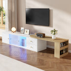 Mueble lateral para TV con iluminación LED, extensible, 2 cajones + 2 puertas correderas de cristal + 1 compartimiento, Mueble lateral para TV con espacio de almacenamiento, estante lateral, moderno, Blanco & Madera, 175×40×35,5 cm