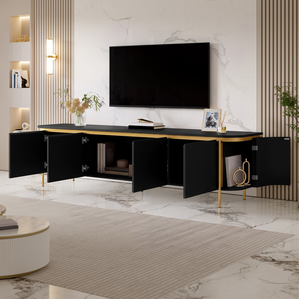 Armario bajo para TV con patas de hierro, 6 puertas, bordes redondeados y ranurado para cables, ideal para el salón