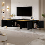 Armario bajo para TV con patas de hierro, 6 puertas, bordes redondeados y ranurado para cables, ideal para el salón