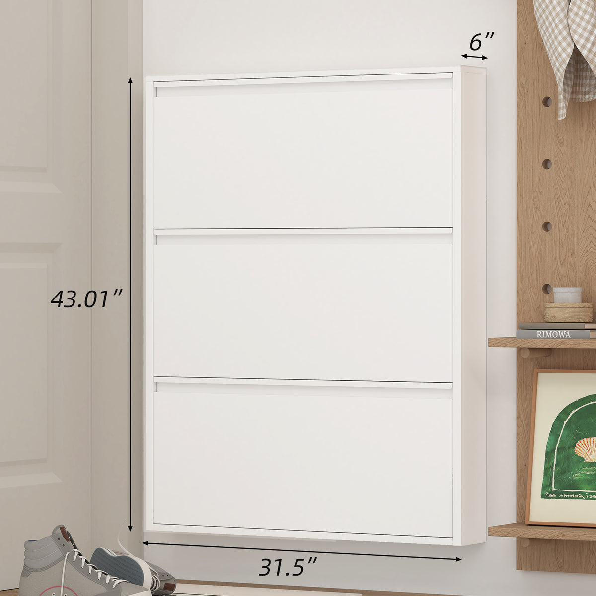 Gabinet de calzado de metal con 3 cajones volteables, organizador de calzado para la pared, estante de calzado escondido estrecho y delgado para el vestíbulo, blanco