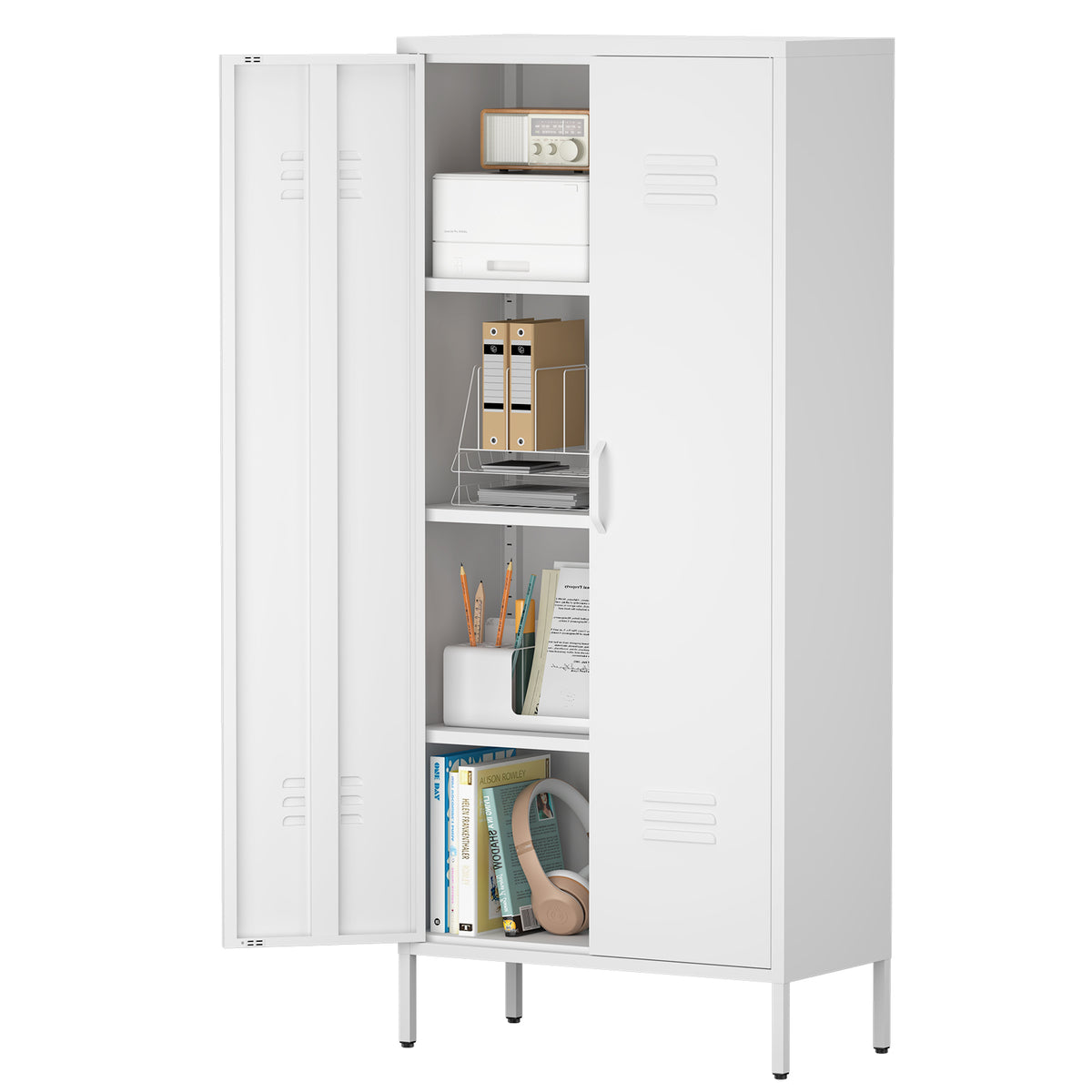 Gabinet de almacenamiento metálico de dos puertas blanco con estantes ajustables, ideal para almacenar ropa en el dormitorio, salón, oficina y gimnasio