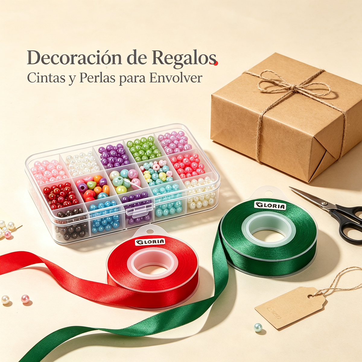 Kit Decoración de Regalos - Cintas de Raso y Perlas para Envolver