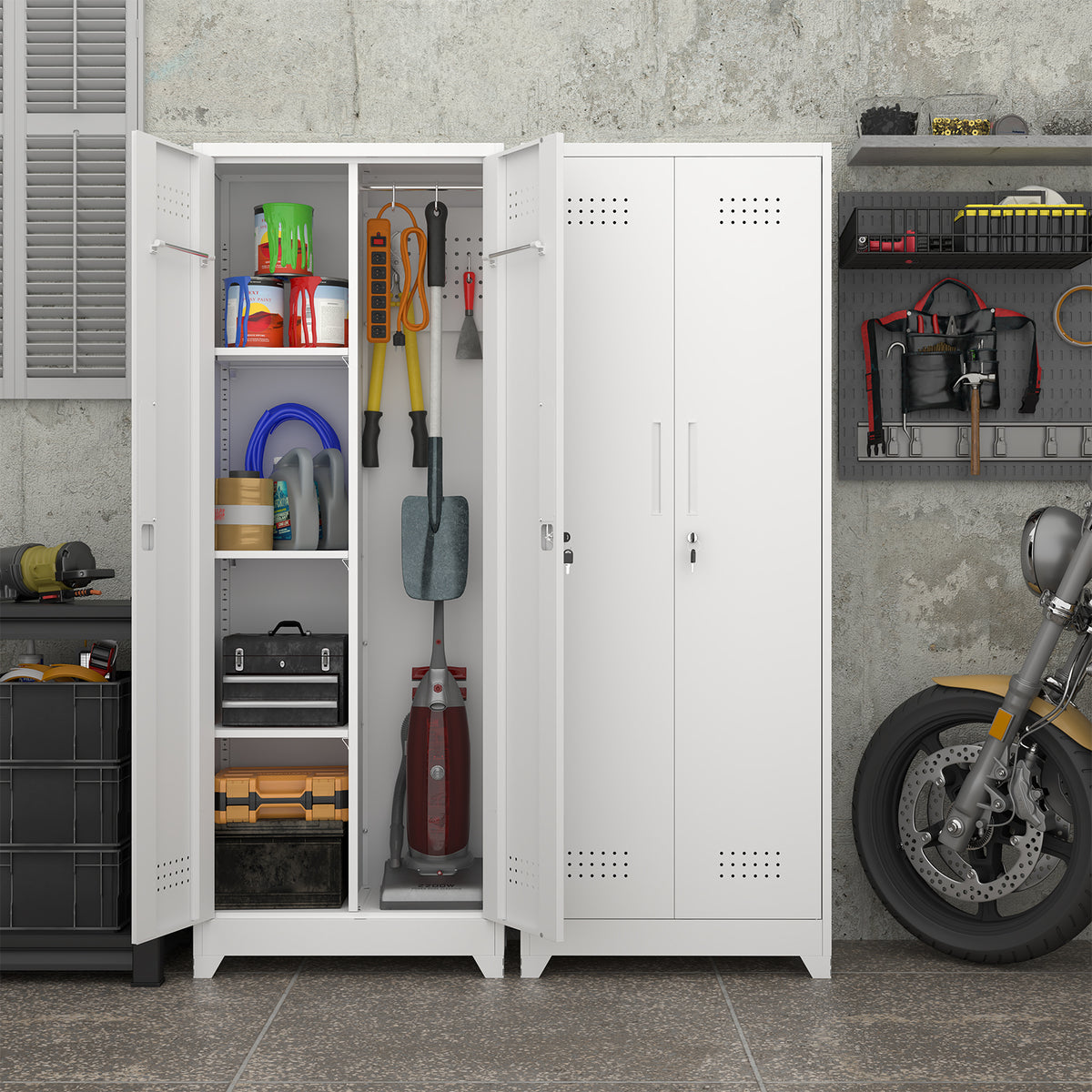 Gabinet de almacenamiento para herramientas de limpieza de 65" de color blanco con puertas con cerradura, estantes, varilla de colgado y anzuelos S