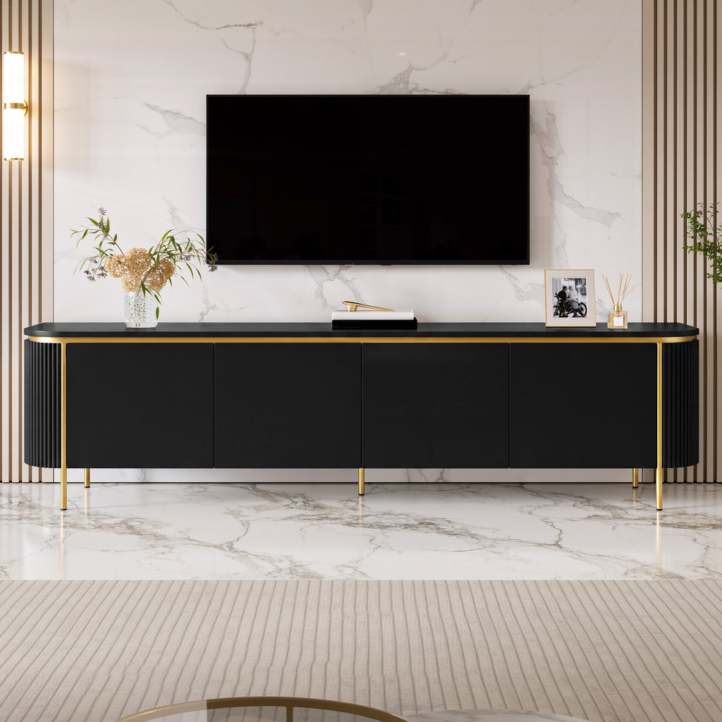 Armario bajo para TV con patas de hierro, 6 puertas, bordes redondeados y ranurado para cables, ideal para el salón