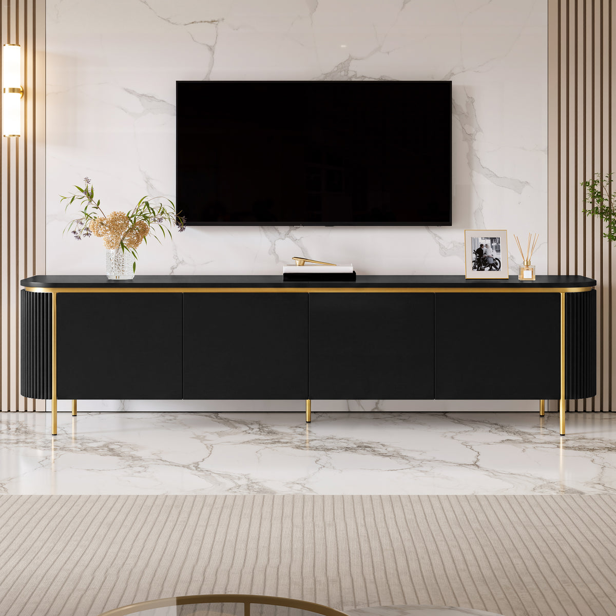 Armario bajo para TV con patas de hierro, 6 puertas, bordes redondeados y ranurado para cables, ideal para el salón