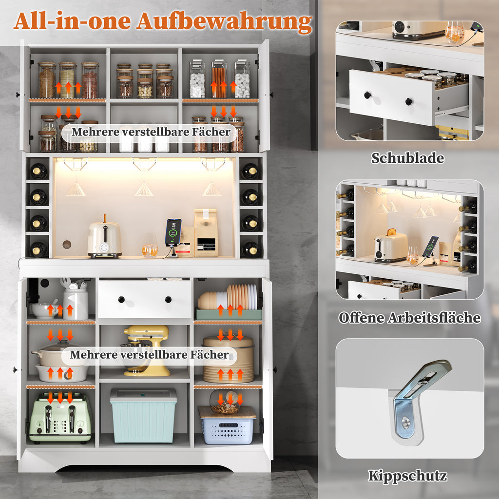 Armario de cocina, armario alto, armario de vinos con soportes de empotramiento ajustables, cajón, soporte para vasos de vino de acero inoxidable, compartimentos para botellas de vino, iluminación LED con cambio de color y enchufes, 180 × 105 × 40 cm