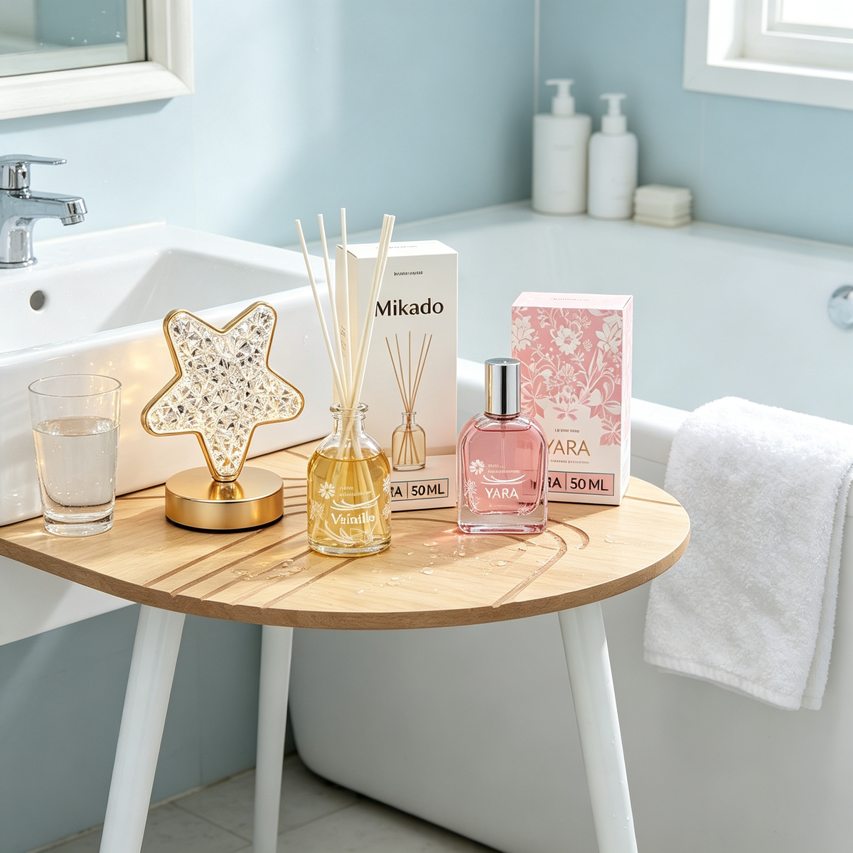 Set Decoración y Aromas del Hogar 4 en 1 - Mesa Auxiliar + Mikado Vainilla + Perfume Yara + Lámpara Estrella