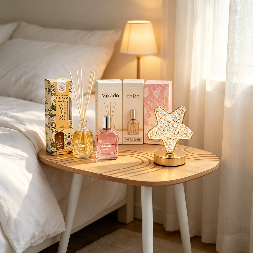 Set Decoración y Aromas del Hogar 4 en 1 - Mesa Auxiliar + Mikado Vainilla + Perfume Yara + Lámpara Estrella