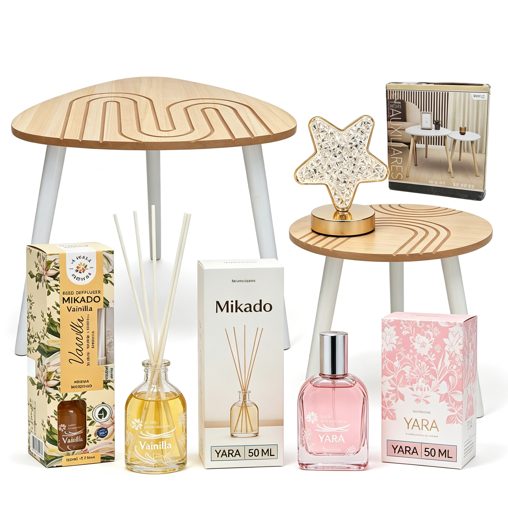 Set Decoración y Aromas del Hogar 4 en 1 - Mesa Auxiliar + Mikado Vainilla + Perfume Yara + Lámpara Estrella