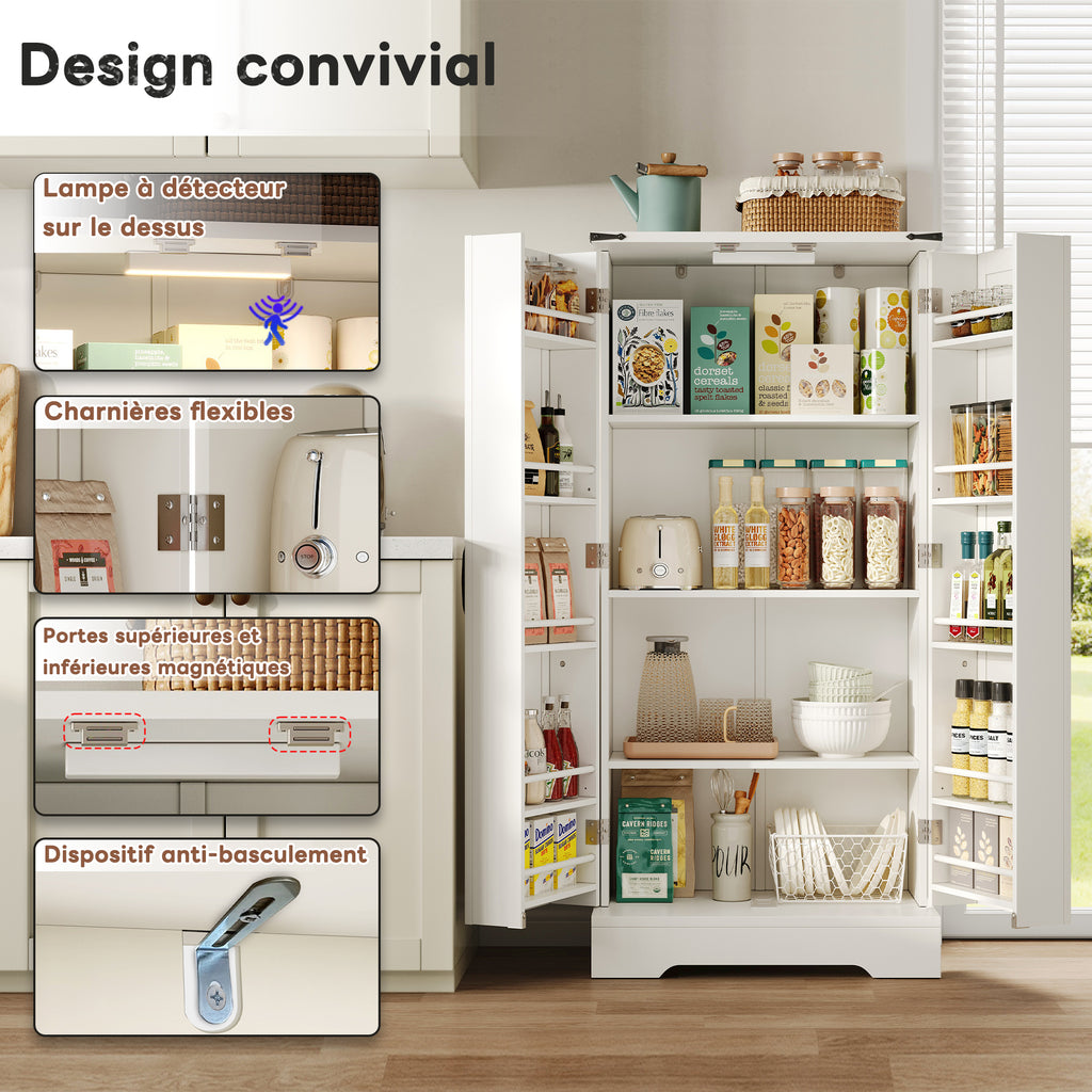 Armario de cocina de 128,5 cm, armario de almacenamiento rural – Armario de almacenamiento de alimentos con LED, con 2 puertas y estantes ajustables para pequeñas habitaciones en el comedor o el salón, estructura de presión por debajo blanca