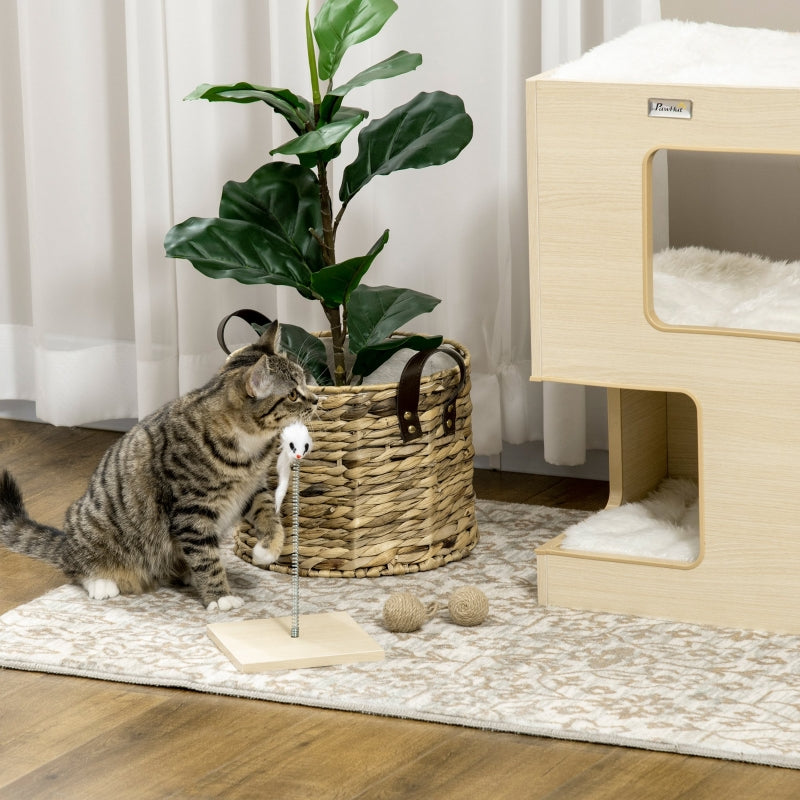 Tonera para gato, casa para gato, 2 niveles, incluye juguete, 34 cm x 34 cm x 60 cm, Natural + Gris claro